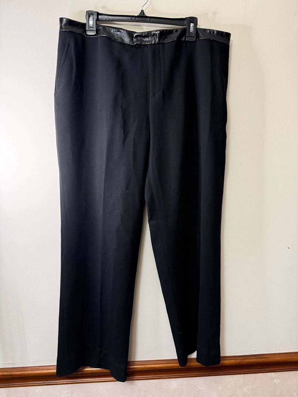 Ellen Tracy Dress Pants Size 16 Black Leather Trim Straight Leg